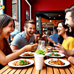 **Image prompt 1:** A vibrant, diverse group of customers happily using a restaurant's services, interspersed with social media icons and positive review stars, emphasizing the power of positive feedback.