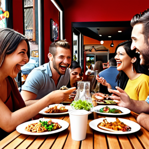 Home 15 **Image prompt 1:** A vibrant, diverse group of customers happily using a restaurant's services, interspersed with social media icons and positive review stars, emphasizing the power of positive feedback.