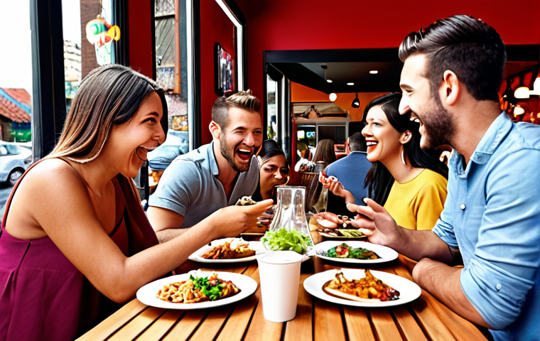 **Image prompt 1:** A vibrant, diverse group of customers happily using a restaurant's services, interspersed with social media icons and positive review stars, emphasizing the power of positive feedback.