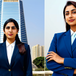 **

A fully clothed professional businesswoman in a modest navy blue business suit, standing confidently in front of a modern skyscraper in Karachi, Pakistan, appropriate attire, safe for work, perfect anatomy, natural proportions, professional portrait, high quality, daytime, clear skies.

**